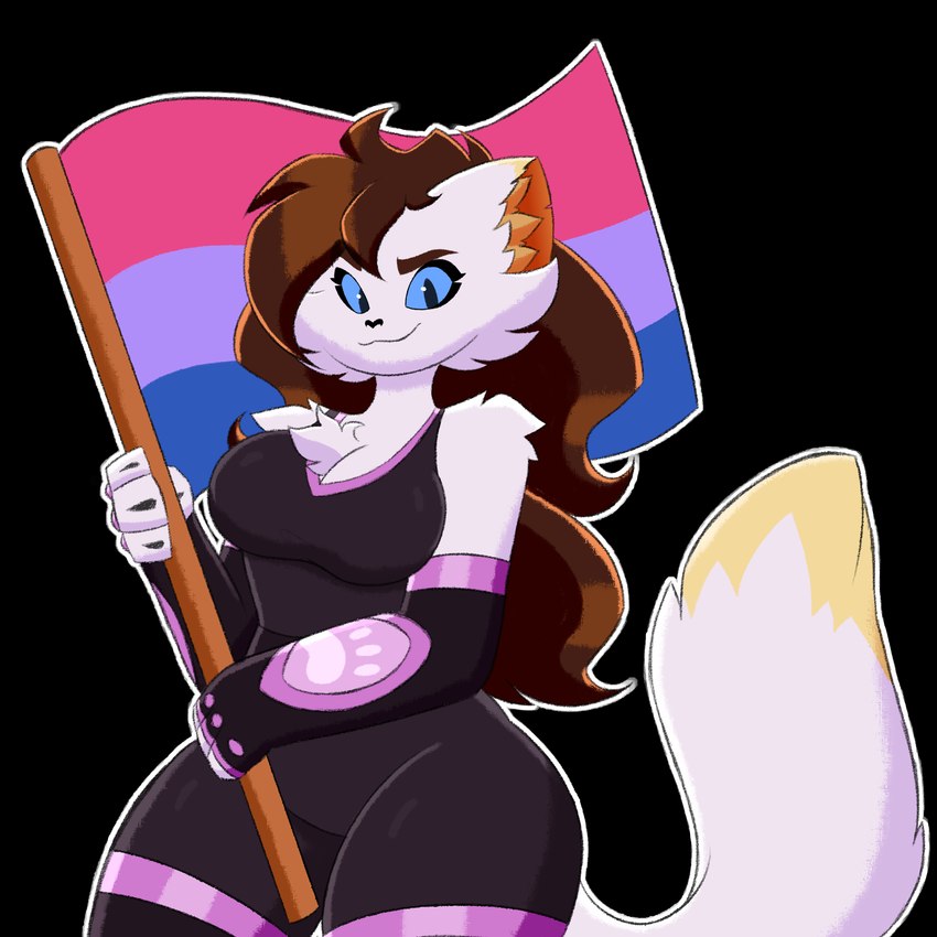 anthro biped bisexual_pride_colors breasts brown_hair cleavage clothed clothing female female_anthro flag flag_(object) fur hair holding_flag holding_object lgbt_pride pride_color_flag pride_colors solo thick_thighs white_body white_fur travis_the_dragon lgbt_pride_month mileena_smith_(travis_the_dragon) domestic_cat felid feline felis mammal hi_res