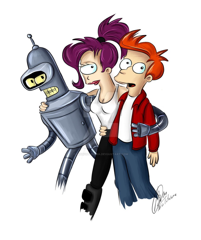 black_bottomwear black_clothing black_pants bottomwear breasts clothing female group hair jacket lipstick machine makeup male not_furry open_mouth orange_hair pants purple_hair red_clothing red_jacket red_topwear simple_background topwear trio white_background missfuturama comedy_central futurama bender_bending_rodríguez philip_j._fry turanga_leela cyclops human humanoid mammal robot hi_res