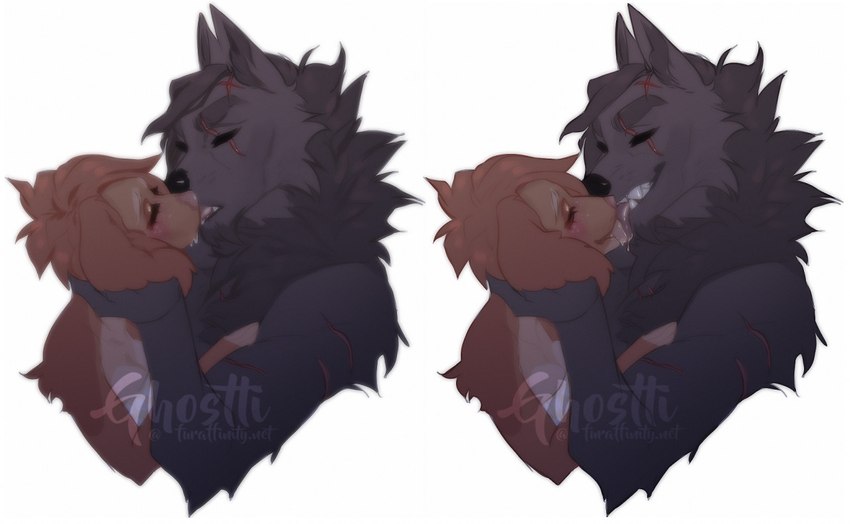 anthro duo female infidelity kissing love making_out male male/female ghostli marrok_(ranharasaki) misby canid canine canis domestic_dog mammal wolf 2021