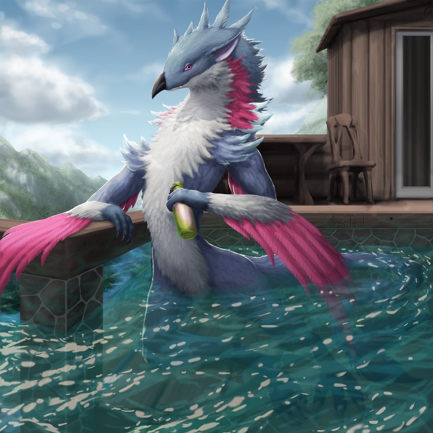 4_fingers ambiguous_gender anthro avian_feet beak bird_legs black_claws blue_body blue_feathers bottle cabin chair chest_tuft claws container detailed_background digitigrade feathers fingers furniture head_tuft holding_bottle holding_container holding_object landscape outside partially_submerged pink_body pink_feathers plant sky solo swimming_pool tail tail_tuft teeth tree tuft water white_body white_feathers winged_arms wings wood seateal ryke_sellwing avian dinosaur dromaeosaurid feathered_raptor hybrid prehistoric_species reptile scalie theropod 1:1 2019 hi_res male_(lore)