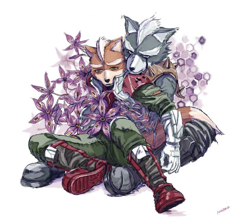 anthro black_nose black_tears bodily_fluids brown_body brown_fur clothed clothing corruption dead_eyes duo fur green_eyes grey_body grey_eyes grey_fur heterochromia hug looking_at_viewer male male/male mind_break purple_eyes sad simple_background tears tendrils なおこ nintendo star_fox fox_mccloud wolf_o'donnell aparoid canid canine canis fox mammal wolf 2016