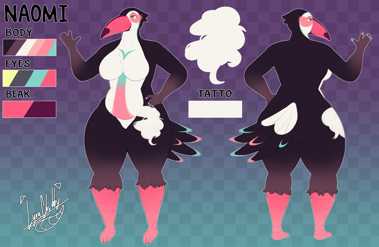 3_toes 5_fingers abs anthro arms_bent beak belly belly_markings big_breasts big_butt black_tail blue_eyes blue_fingernails blue_markings blue_nails blue_tail_tip breasts butt checkered checkered_background chest_markings closed_beak closed_smile color_swatch colored_nails dipstick_tail eyelashes feathers featureless_breasts featureless_crotch feet female female_anthro fingernails fingers gradient_background hand_on_hip hand_on_own_hip leg_tattoo markings mouth_closed multicolored_body multicolored_feathers multicolored_tail nails non-mammal_breasts nude nude_anthro nude_female outline pattern_background pink_beak pink_fingernails pink_markings pink_nails pink_pupils pink_tail_tip pupils scuted_legs scutes simple_background smile solo spelling_error standing straight_legs tail tail_feathers tail_markings tattoo text thick_thighs thigh_tattoo toes turnaround white_body white_feathers white_outline wide_hips yellow_sclera lyratrchubby naomi_(ghijo9) avian bird toucan 2024 artist_name character_name digital_drawing_(artwork) digital_media_(artwork) english_description english_text flat_colors hi_res model_sheet