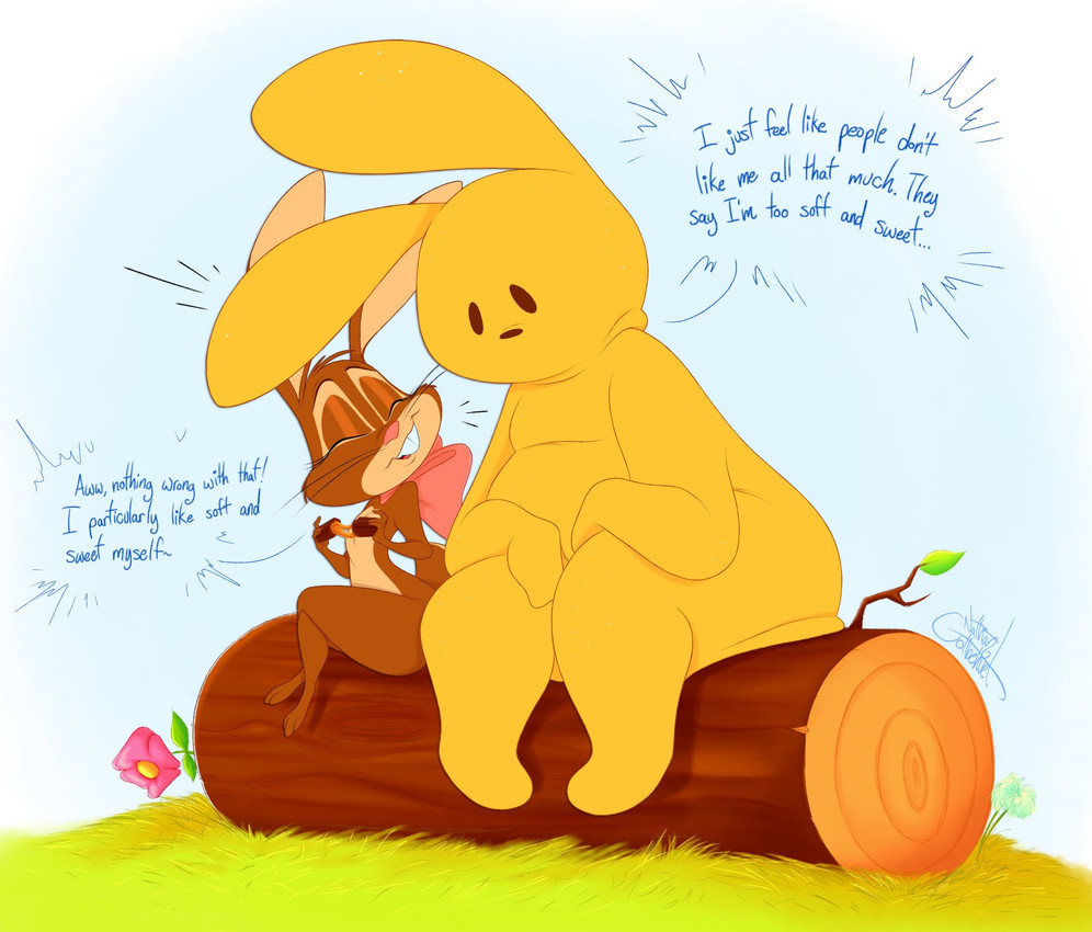 ambiguous_gender anthro bow_ribbon buckteeth candy chocolate dessert dialogue duo female flower food holidays log mascot plant sitting smile teeth whiskers wood silentjack cadbury easter peeps cadbury_bunny animate_inanimate lagomorph leporid mammal rabbit 2025 hi_res signature