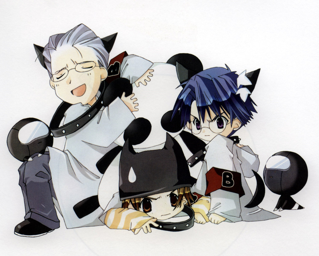 accessory adolescent age_difference ambiguous_gender angry armband black_body black_clothing black_collar black_ears black_hat black_headwear black_tail blue_hair blush blush_lines bodily_fluids bottomwear brown_hair chibi clothed clothing coat collar eyebrows eyes_closed eyewear flower flower_in_hair furgonomic_topwear furgonomics glasses grey_bottomwear grey_clothing grey_hair grey_pants group hair hair_accessory hat headgear headwear lab_coat looking_at_another looking_at_viewer male open_mouth open_smile orange_clothing orange_shirt orange_topwear pants pattern_clothing plant plushie purple_eyes red_armband shirt smile spiked_collar spikes striped_clothing stripes sweat sweatdrop tail tongue topwear trio_focus visor wearing_glasses white_clothing white_coat white_shirt white_topwear young young_humanoid young_male koge-donbo di_gi_charat black_gema_gema_danin coo_erhard ky_schweitzer rik_heisenberg animal_humanoid canid canid_humanoid canine canine_humanoid dog_humanoid humanoid mammal mammal_humanoid official_art