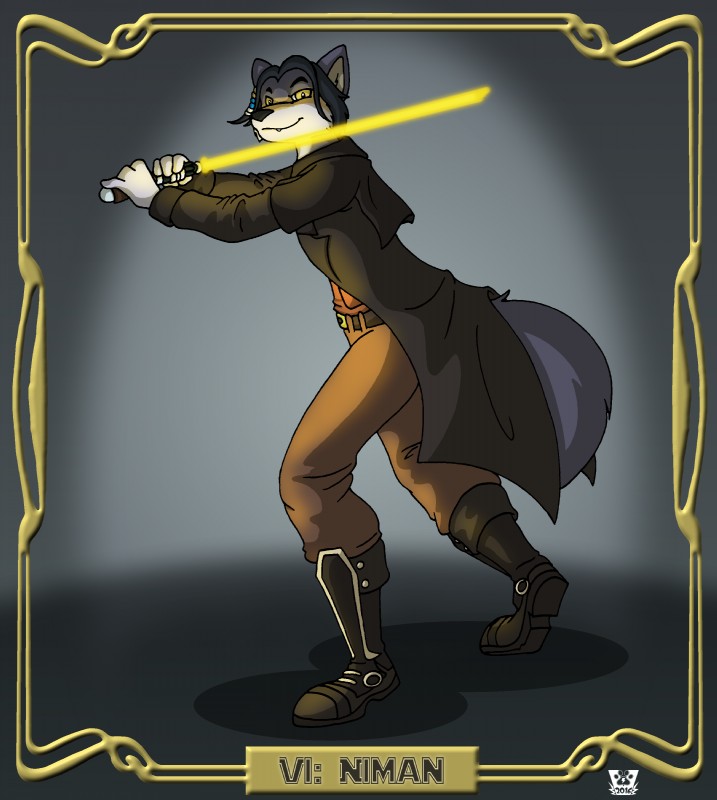 anthro beads belt black_hair boots clothing duster_coat fangs fighting_pose footwear fur grey_body grey_fur hair holding_object holding_weapon jedi lightsaber longcoat melee_weapon pose shoes solo teeth weapon yellow_eyes yellow_lightsaber valy_j._thunderbeast star_wars fan_character kajex_surnahm canid canine canis kanj'isha mammal wolf absurd_res hi_res