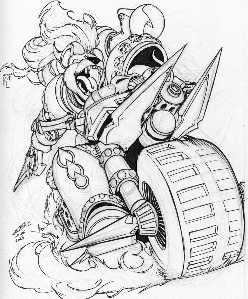 anthro armor biker chaos_space_marine excited fire flaming_hair greaves hair legband long_hair machine male melee_weapon motor_vehicle motorcycle open_mouth pauldron power_armor pseudo_hair riding riding_bike shinguards shoulder_guards shoulder_pads skull_symbol solo spiked_armor spiked_greaves spiked_legband spiked_wheel spikes sword tongue vehicle weapon bar1 warhammer_(franchise) warhammer_40000 doomrider_(daemon_prince) chaos_daemon daemon_of_slaanesh daemon_prince demon hyena mammal black_and_white hi_res monochrome