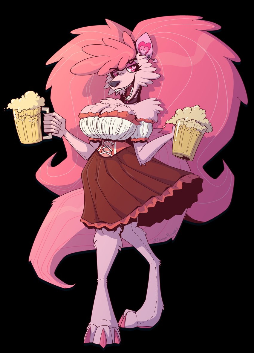 alcohol anthro bar_maid bedroom_eyes beer beer_mug beverage big_breasts breasts clothed clothing dress eyelashes fangs female fur hair long_hair long_tail maid_uniform narrowed_eyes open_mouth pigtails pink_body pink_eyes pink_fur pink_hair plushie pose seductive smile solo tail teeth thick_thighs uniform canonthought missi_wolf_(canonthought) animate_inanimate canid canine canis living_plushie mammal wolf absurd_res alpha_channel colored hi_res