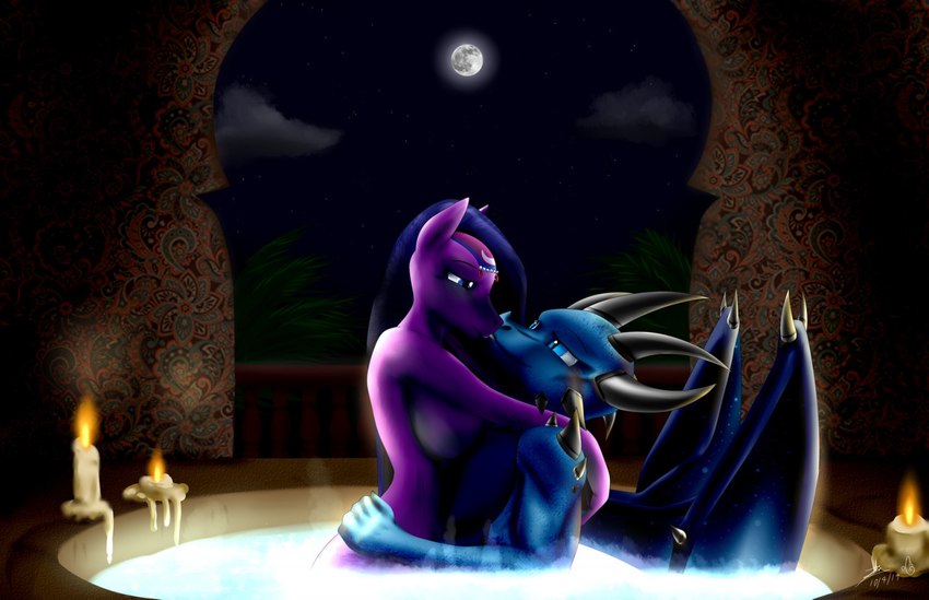 anthro anthrofied blue_body blue_eyes blue_scales breasts candle candlestick canon_x_oc duo eye_contact female hair hot_tub hug kiss_on_lips kissing looking_at_another male male/female moon multi-horn night partially_submerged purple_body purple_hair scales wings blueondrive friendship_is_magic hasbro my_little_pony mythology saddle_arabian_(mlp) amira_(mlp) seraph_(kyogre) dragon equid equine horse mammal mythological_creature mythological_scalie scalie 2019 dated digital_media_(artwork) signature story story_in_description