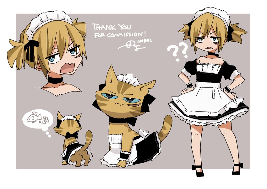 3_fingers 3_toes blue_eyes bow_ribbon brown_body brown_fur clothing feet feral fingers food_for_thought footwear fur hand_on_hip high_heels maid_apron maid_collar maid_headdress maid_uniform male open_mouth paws question_mark shoes simple_background solo speech_bubble tan_body tan_fur toes uniform nobel827 even_a_cat's_paw_can_be_useful mr._tiggy domestic_cat felid feline felis human mammal 2024 headshot_portrait hi_res portrait