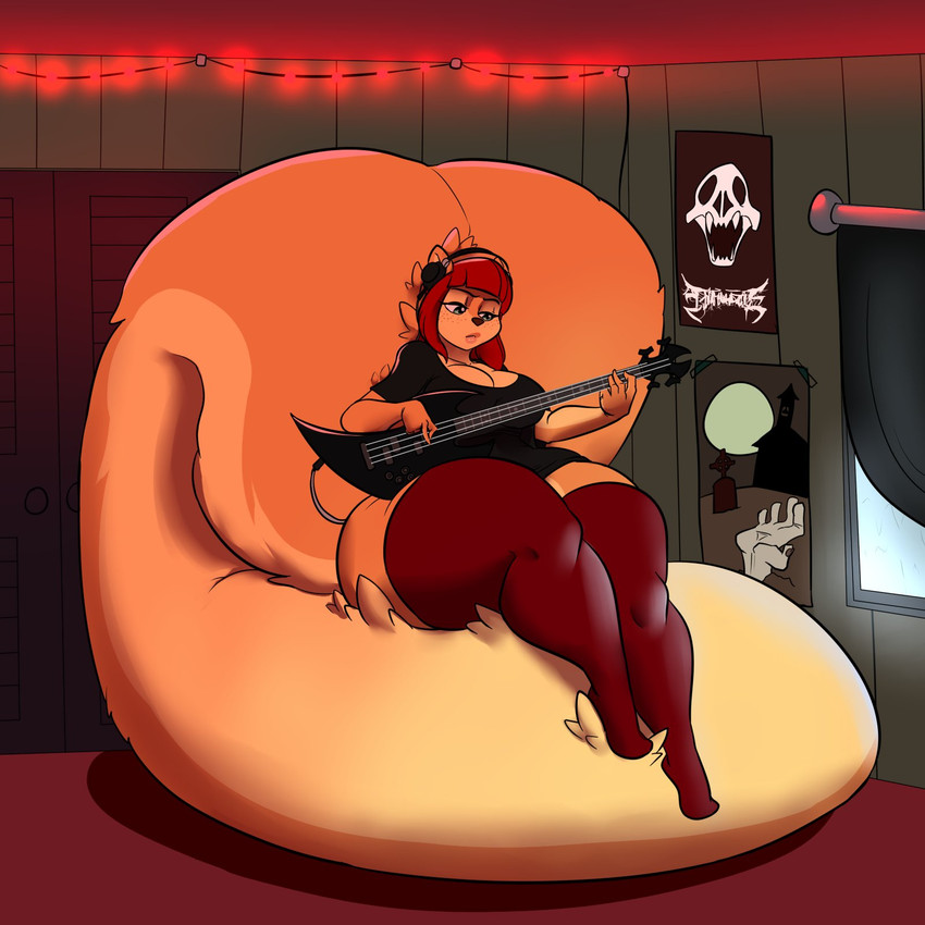 anthro bass_guitar big_tail biped breasts cleavage clothed clothing electronics female footwear freckles green_eyes guitar hair headphones huge_tail hyper hyper_tail legwear musical_instrument plucked_string_instrument red_hair sitting_on_tail socks solo string_instrument tail thigh_highs thigh_socks kaboozle roxie_roux mammal rodent sciurid tree_squirrel 1:1 2020 hi_res