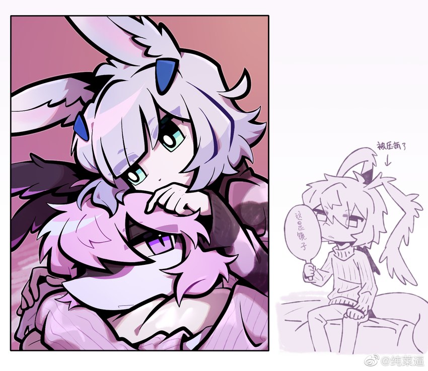 anthro blue_eyes duo female hair kemono looking_at_mirror looking_at_object mirror pink_hair purple_eyes scales sitting text weibo_logo zhang_gun weibo ah_xin_(zhang_gun) xiaohen_(zhang_gun) lagomorph leporid mammal rabbit reptile scalie snake chinese_text hi_res translated