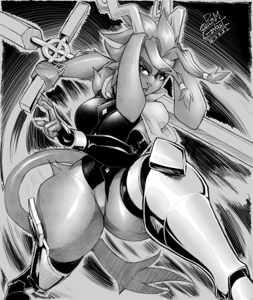 5_fingers action_pose anthro antlers armor armwear big_breasts bottomless bottomless_anthro bottomless_female breasts clothed clothing dream_breaker_(pseudoregalia) elbow_gloves eyebrows featureless_crotch female fingers fur gloves greaves handwear hip_tuft holding_object holding_weapon horn legwear long_ears long_nails long_tail melee_weapon open_mouth pose single_glove solo tail thick_thighs tuft weapon wide_hips year pltnm06ghost pseudoregalia sybil_(pseudoregalia) bovid caprine goat jackalope lagomorph mammal 2023 absurd_res digital_media_(artwork) greyscale hi_res monochrome signature