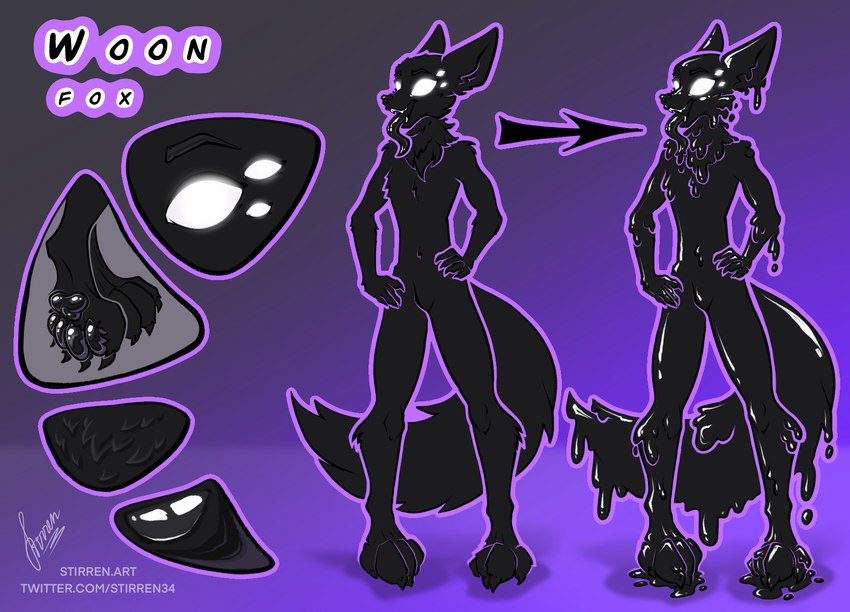 6_eyes anthro black_body black_fur fur latex long_tongue male multi_eye outline pawpads paws purple_monochrome purple_outline simple_background solo tongue stirren woon_(sixeyedfox) canid canine fox goo_creature living_latex mammal absurd_res hi_res model_sheet monochrome