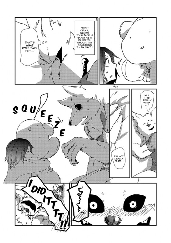 anthro dialogue duo female fur hair kemono male short_hair text young yakantuzura lila_(kashiwagi_aki) zinovy canid canine canis human mammal wolf comic english_text greyscale hi_res monochrome translated