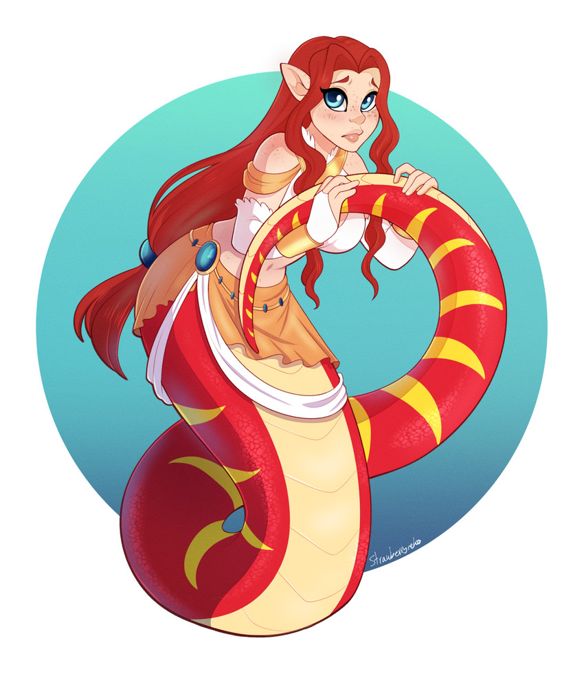 apode female freckles hair legless serpentine shy solo split_form strawberryneko draconcopode lamia reptile scalie snake hi_res