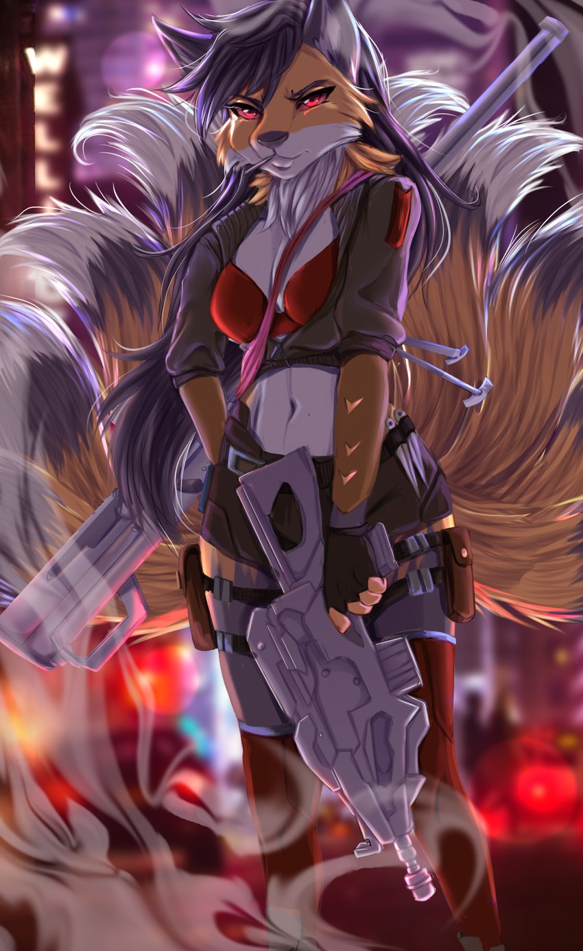 9_tails anthro black_hair breasts city city_background clothed clothing cyberpunk female fur gun hair head_fur multi_tail navel orange_body orange_fur ranged_weapon red_eyes rifle sniper_rifle solo tail weapon white_body white_fur soranihanabi foxxi canid canine fox fox_spirit mammal hi_res