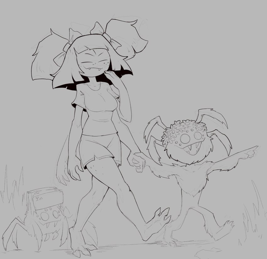 anthro barefoot bottomwear bow_ribbon clothing duo feet female flower flower_crown fur gesture grass guiding hand_gesture male male/female multi_eye multi_limb plant pointing shorts smile boobazaur don't_starve klei_entertainment undertale undertale_(series) muffet webber arachnid arthropod humanoid spider hi_res