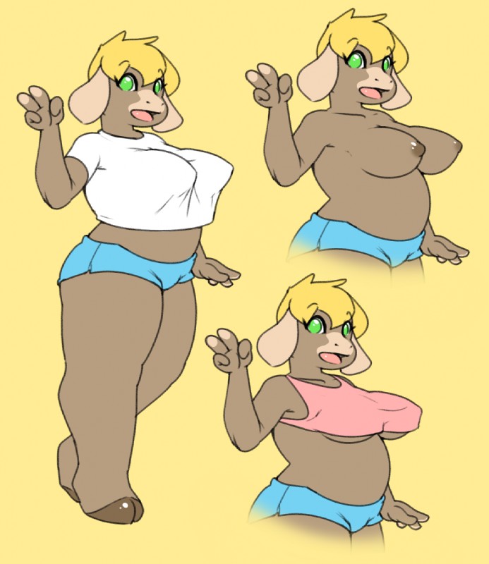 anthro big_breasts blonde_hair blue_cutoffs bottomwear breasts brown_body brown_fur brown_nipples clothed clothing denim denim_bottomwear denim_clothing denim_shorts female fur green_eyes hair nipples off/on pink_clothing pink_shirt pink_tank_top pink_topwear pointy_breasts shirt shorts simple_background slightly_chubby solo t-shirt tank_top thick_thighs topless topless_anthro topless_female topwear under_boob white_clothing white_shirt white_t-shirt white_topwear yellow_background hear_(artist) bovid bovine equid hybrid mammal model_sheet multiple_versions