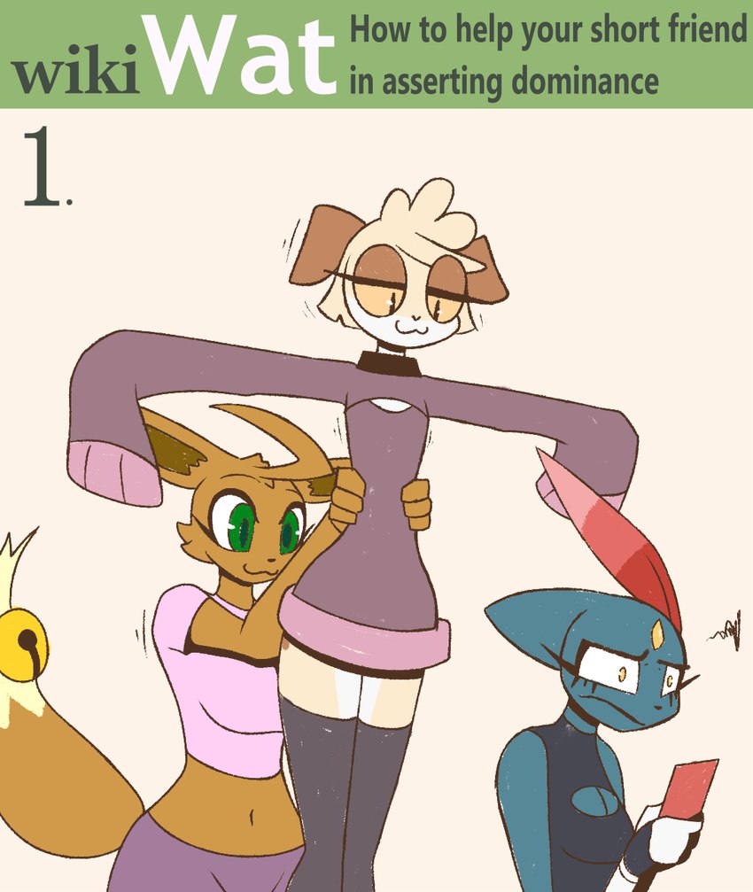 :3 annoyed anthro bell cellphone clothed clothing electronics female female_anthro group humor legwear lifting_another lifting_up looking_down looking_down_at_another phone smartphone t-pose text trio r-mk nintendo pokemon wikihow arte_(r-mk) kenny_(r-mk) naomi_(r-mk) canid canine canis domestic_dog eevee generation_1_pokemon generation_2_pokemon mammal pokemon_(species) sneasel 2023 digital_media_(artwork) english_text hi_res