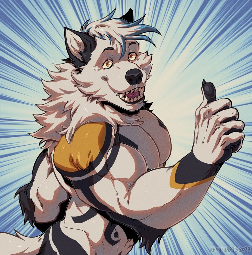 abs anthro biceps black_body black_fur black_pawpads blue_highlights deltoids forearm_muscles fur gesture hair hand_gesture highlights_(coloring) impact_lines looking_at_viewer male multicolored_body multicolored_fur muscular muscular_anthro muscular_male navel open_mouth pawpads pecs sharp_teeth smile solo teeth thumbs_up tongue triceps white_body white_fur white_hair yellow_body yellow_eyes yellow_fur kenjiii fraye canid canine canis mammal wolf 2023 artist_name dated hi_res watermark