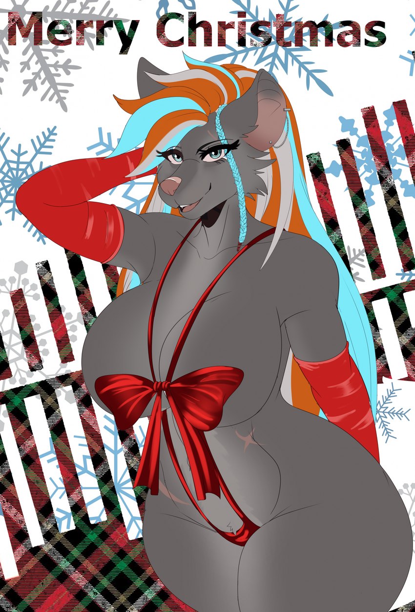 anthro arm_warmers armwear braided_hair clothing curvy_female curvy_figure female festive fur grey_body grey_fur hair hand_behind_head holiday_message holidays looking_at_viewer multicolored_hair open_mouth smile smug solo text wide_hips sly_shadex christmas mammal murid murine rat rodent 2024 digital_media_(artwork) english_text flat_colors hi_res