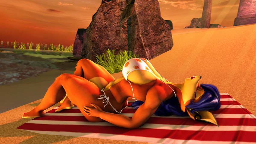 anthro arched_back beach beach_towel big_breasts big_butt bikini blue_hair bra breasts butt claws clothing colored_nails colored_toenails curvy_figure ear_piercing eyes_closed feet female fur hair lipstick lying makeup multicolored_body multicolored_fur multicolored_tail nails orange_body orange_fur orange_tail panties piercing plant red_claws red_nail_polish red_nails red_toe_claws red_toenails rock sand sea seaside solo sunset swimwear tail thick_thighs toenails toes towel tree two-piece_swimsuit underwear water wide_hips yellow_body yellow_fur yellow_tail mommyosha sly_cooper_(series) sony_corporation sony_interactive_entertainment sucker_punch_productions warfare_machine carmelita_fox warfare_carmelita canid canine fox mammal 16:9 2021 3d_(artwork) digital_media_(artwork) hi_res widescreen