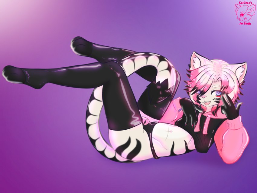 anthro art_challenge clothing crop_top femboy feminine latex latex_clothing legwear lingerie male shirt solo stockings thick_thighs thigh_highs thong topwear underwear katciao meme_clothing paggi_outfit domestic_cat felid feline felis mammal pantherine tiger hi_res meme