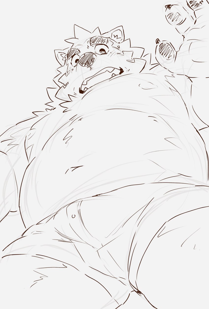 anthro bulge clothing eyebrows low-angle_view male nipples overweight overweight_male pawpads solo thick_eyebrows underwear heylaw21 lifewonders live_a_hero mokdai canid canine canis domestic_dog mammal absurd_res hi_res sketch