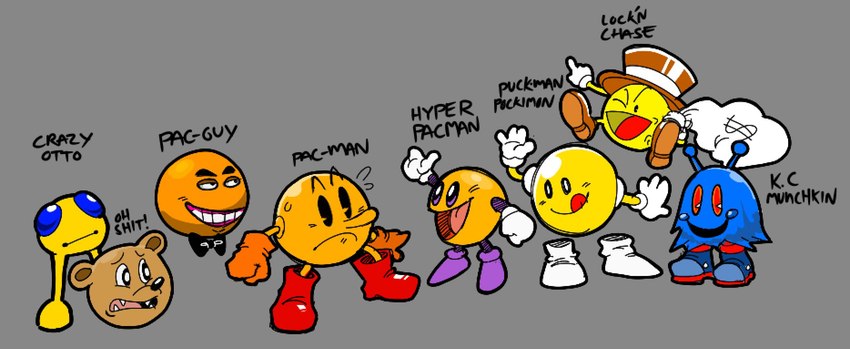 antennae_(anatomy) black_eyes blue_body blue_fur brown_body brown_fur fur grey_background red_eyes simple_background text yellow_body yellow_skin casinobunbun hyper_pacman k.c._munchkin! lock_'n'_chase oh_shit!_(video_game) pac-guy_(series) pac-man_(series) puckman_pockimon crazy_otto k.c._(k.c._munchkin!) lupin_(lock_'n'_chase) pac-guy_(character) pac-man bear mammal pac-person waddling_head english_text hi_res