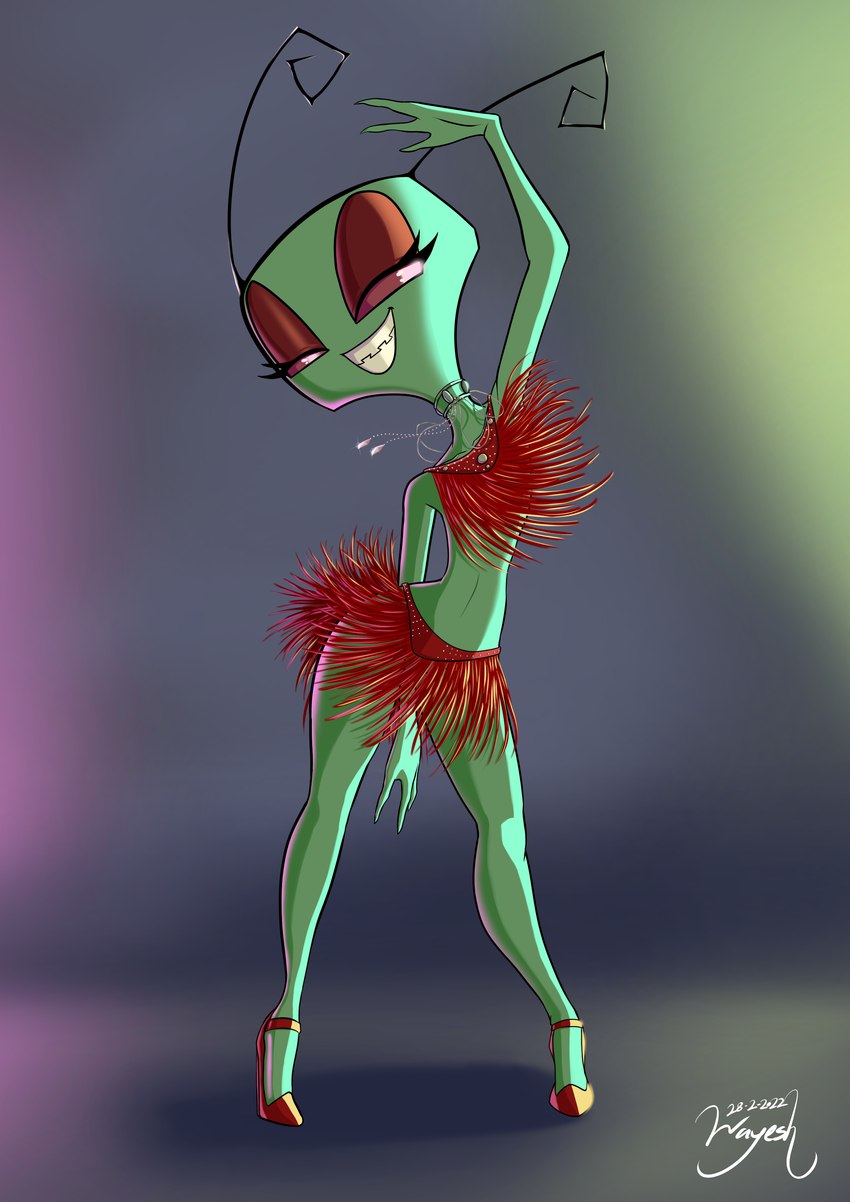 antennae_(anatomy) bedroom_eyes claws clothing curled_antennae dancing dress female finger_claws footwear high_heels irken_teeth jewelry looking_at_viewer narrowed_eyes red_eyes seductive shoes simple_background size_difference smaller_female smile solo teeth wayesh invader_zim nickelodeon invader_tenn alien alien_humanoid humanoid irken 2022 absurd_res dated hi_res signature