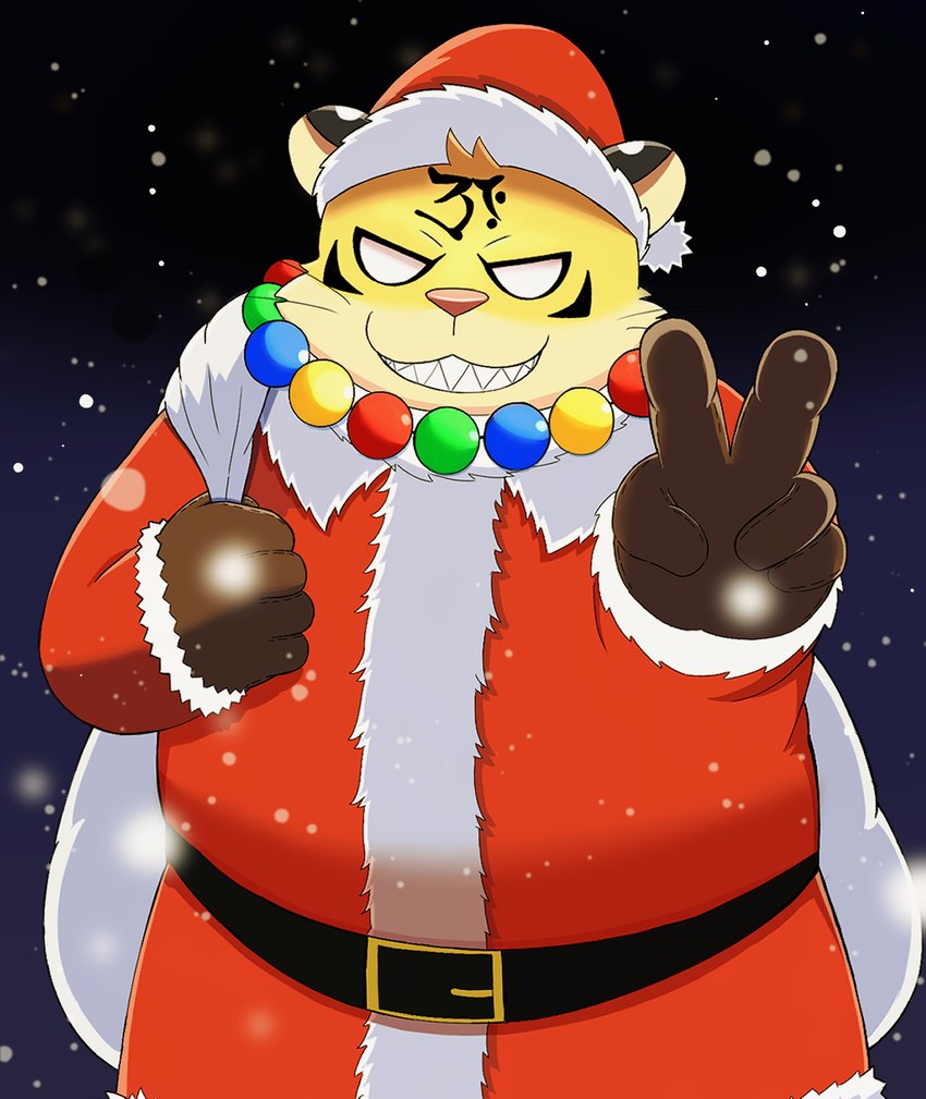 anthro christmas_clothing christmas_headwear clothing hat headgear headwear holidays humanoid_hands kemono male outside overweight overweight_male pink_nose santa_hat snow snowing solo yellow_body inugami1837 christmas the_spicy_ninja_scrolls benkei_(the_spicy_ninja_scrolls) santa_claus felid mammal pantherine tiger 2021 hi_res