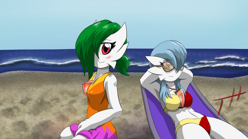 beach beach_chair beachwear blue_hair blush blush_lines clothing detailed_background duo eyewear female green_hair hair hair_over_eye hands_behind_head looking_at_viewer midriff not_furry one_eye_obstructed red_eyes seaside smile sunbathing sunglasses swimwear ghostth39 nintendo pokemon alyx_(cobra0281) ruby_(ghostth39) gardevoir generation_3_pokemon pokemon_(species) shiny_pokemon 16:9 2021 4k absurd_res hi_res widescreen