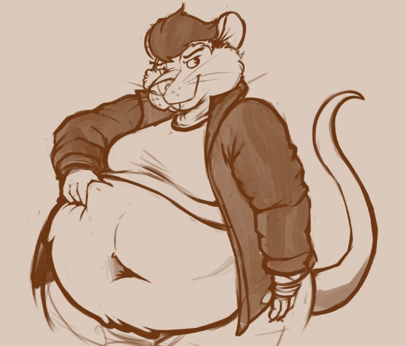 anthro belly belly_pinch big_belly buckteeth clothed clothing jacket leather leather_clothing leather_jacket leather_topwear male moobs navel obese obese_anthro obese_male overweight overweight_anthro overweight_male smile smirk solo teeth topwear marx50 pepper_jack mammal murid murine rat rodent monochrome