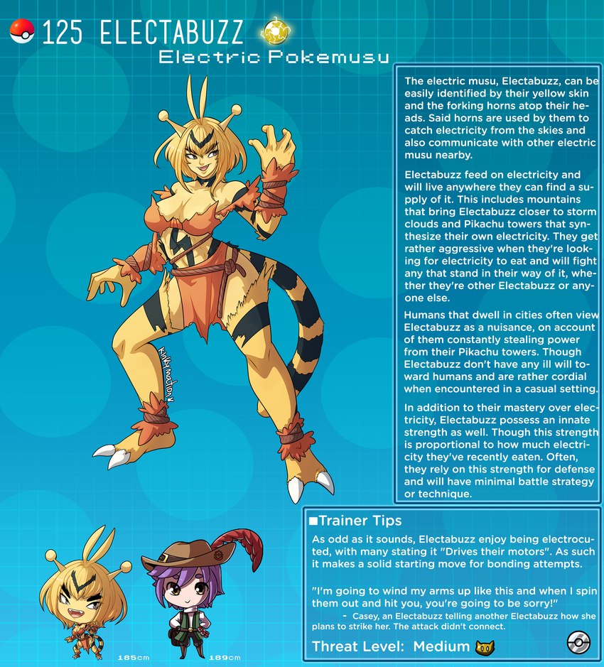 breasts chibi cleavage clothed clothing female hair male pokemorph tail text yellow_body kinkymation nintendo pokemon electabuzz generation_1_pokemon human humanoid mammal pokemon_(species) english_text hi_res