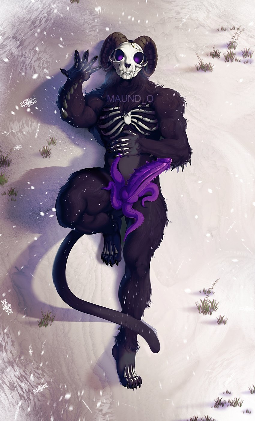 2_horns anthro arm_tuft bent_leg black_body black_fur bone butt butt_from_the_front claws erection fur genitals glowing glowing_eyes hand_on_chest horn long_tail lying male on_back penile_spines penis penis_tentacles purple_eyes purple_penis rib_cage sharp_teeth shoulder_tuft skull skull_head snow solo tail teeth tentacles toe_claws tuft unusual_anatomy unusual_genitalia unusual_penis maund_o duskwalker_brides opal_reyne_(writer) kitty_(duskwalker_brides) duskwalker felid mammal 2023 absurd_res artist_name hi_res official_art