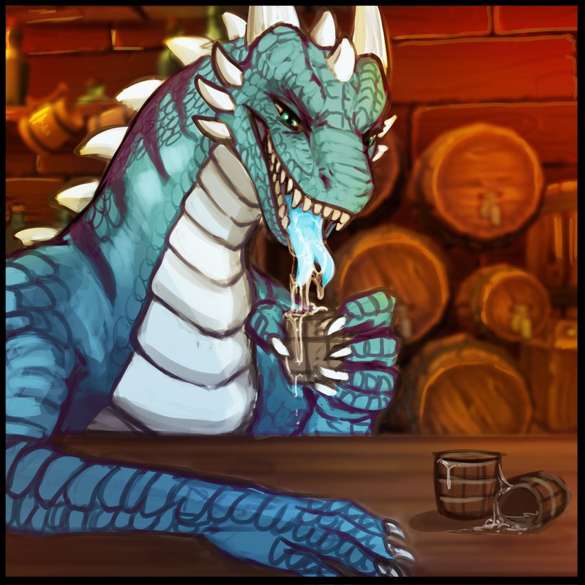 blue_body bodily_fluids container cup dripping feral forked_tongue male open_mouth open_smile saliva saliva_drip smile solo tongue tongue_out acidic sa mythology glacius_draconian dragon mythological_creature mythological_scalie scalie 1:1 hi_res