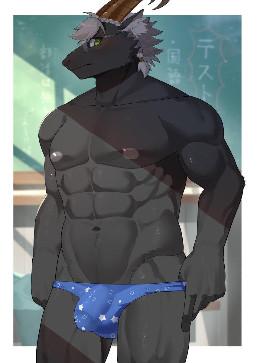 abs anthro areola black_body black_fur bulge clothed clothing detailed_bulge fur green_eyes hair horn male muscular muscular_anthro muscular_male solo underwear underwear_only white_body white_fur agitongunohoken agitoryuusaki lifewonders tokyo_afterschool_summoners tanngrisnir_(tas) bovid caprine goat mammal 2024 absurd_res hi_res