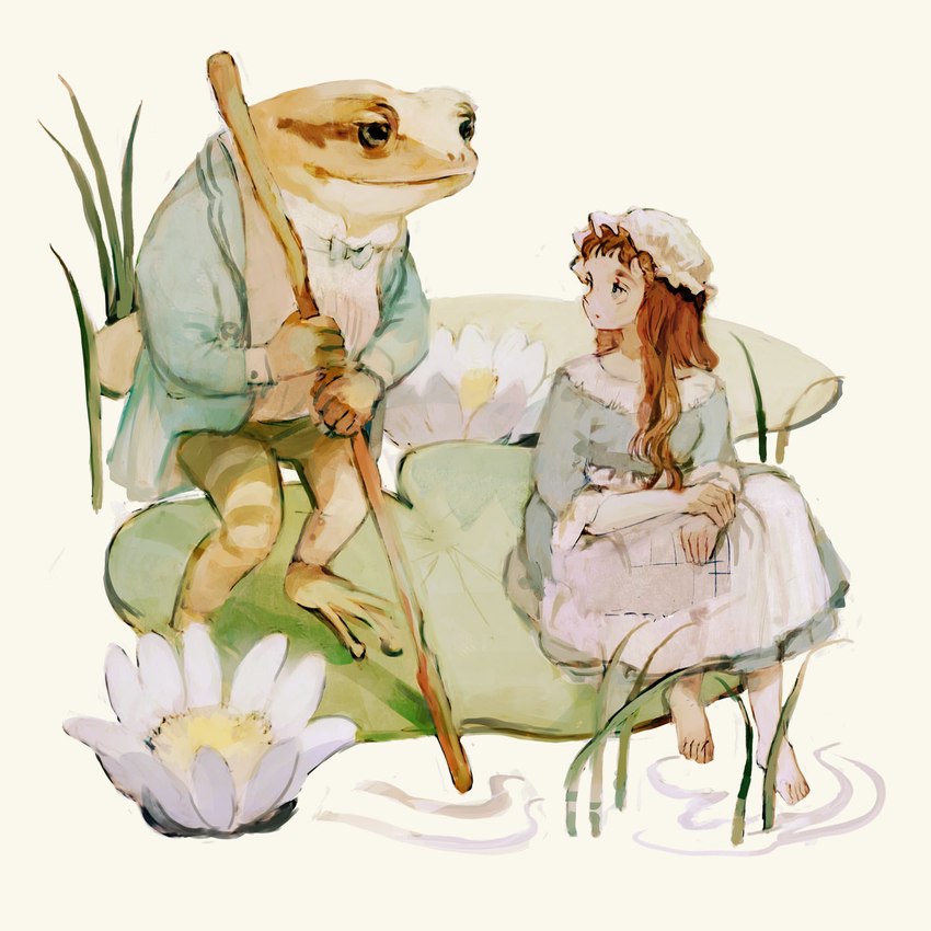 alternative_fashion anthro bonnet bow_tie classic_lolita clothing dress duo female flower headgear headwear j-fashion lily_pad lolita_(fashion) male ouji_(fashion) plant simple_background sitting staff standing water white_background rt0no amphibian frog human mammal 1:1 digital_media_(artwork) digital_painting_(artwork) hi_res