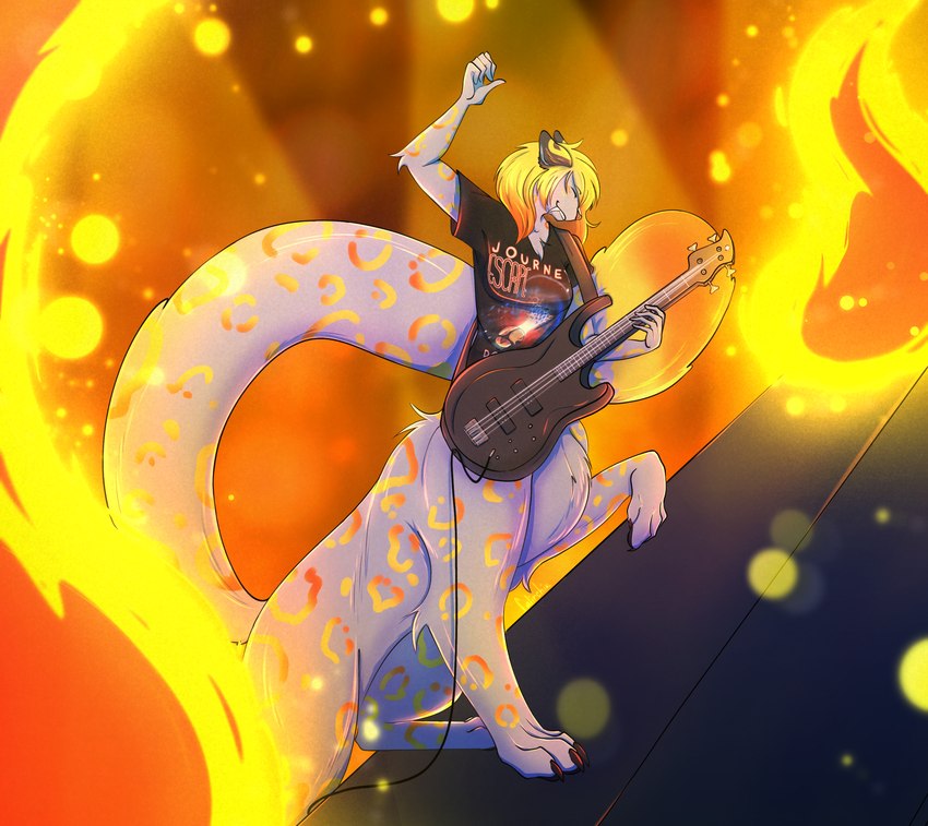 5_fingers 5_toes belly big_tail black_claws black_guitar black_stage blonde_hair bottomless breasts brown_ears claws clothed clothing dipstick_tail eyes_closed fangs feet female fingers fire fire_background fur grey_belly grey_body grey_fur guitar guitarist hair holding_guitar holding_musical_instrument holding_object huge_tail leopard_spots markings musical_instrument on_stage orange_hair orange_leopard_spots orange_rings_(pattern) orange_rosettes orange_tail_tip paws pillow playing_guitar playing_music plucked_string_instrument raised_paw red_hair ring_spots rock_(genre) sabertooth_(anatomy) shirt shirt_only small_breasts solo spots stage string_instrument t-shirt t-shirt_only tail tail_markings teeth toes topwear topwear_only tuft white_inner_ear falirchik escape_(journey_album) journey_(band) firestripe_(tingle71) chakat felid felid_taur mammal mammal_taur pantherine pantherine_taur snow_leopard snow_leopard_taur taur 2023 absurd_res hi_res signature herm_(lore)