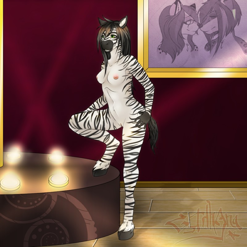 anthro black_hair black_markings breasts female genitals green_eyes hair hooves markings nipples nude pose pussy solo stripes tail lorena_(artist) jimena_moorhaart equid equine mammal zebra 1:1