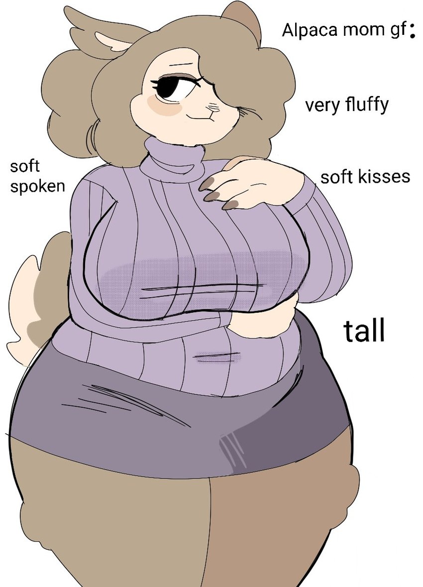 anthro big_breasts biped black_eyes bottomwear breasts brown_body brown_claws brown_fur claws clothed clothing female fur furgonomics half-closed_eyes huge_breasts mature_female multicolored_body multicolored_fur narrowed_eyes pencil_skirt purple_bottomwear purple_clothing purple_skirt purple_sweatshirt simple_background skirt smile solo standing tail tail_through_skirt tan_body tan_face text two_tone_body two_tone_fur white_background puppkittyfan1 alpaca camelid mammal digital_media_(artwork) english_text hi_res model_sheet portrait three-quarter_portrait