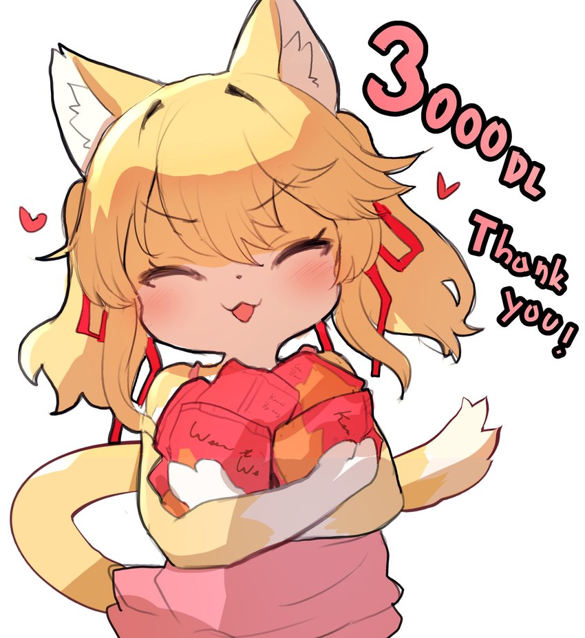 accessory anthro biped blonde_hair blush blush_lines clothed clothing dipstick_tail dress eyebrow_through_hair eyebrows eyelashes eyes_closed female food fur hair hair_accessory hair_ribbon heart_symbol inner_ear_fluff kemono markings open_mouth open_smile pink_clothing pink_dress red_ribbon ribbons simple_background smile solo tail tail_markings thank_you translucent translucent_hair tuft yellow_body yellow_fur nyankone himeka_(nyankone) domestic_cat felid feline felis mammal 2024 absurd_res hi_res