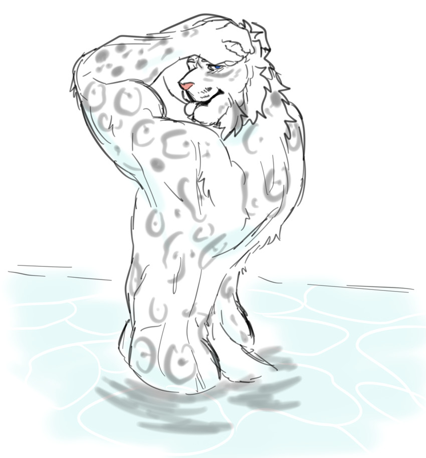 anthro blep blue_eyes butt fur hair hands_behind_head looking_at_viewer male muscular muscular_anthro muscular_male nude outside partially_submerged pose simple_background skinny_dipping smile snow solo spots standing tongue tongue_out water white_background bluesh cooper_(emptysync) felid mammal pantherine snow_leopard absurd_res hi_res