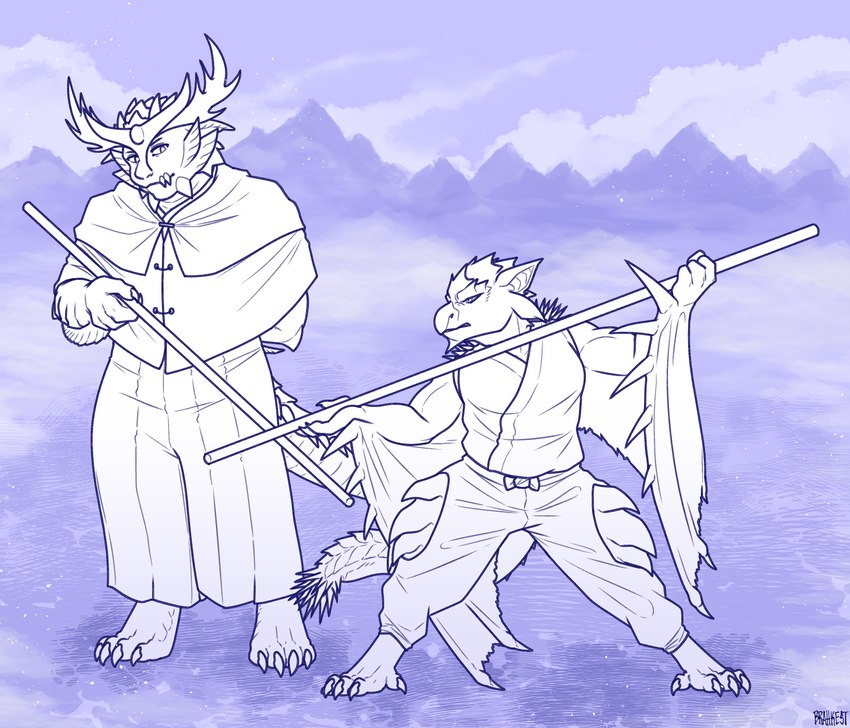 ambiguous_gender anthro digitigrade duo fully_clothed_anthro master_and_disciple mentoring mountain staff brahkest capcom monster_hunter fanged_wyvern flying_wyvern magnamalo rath_wyvern rathian blue_and_white hi_res monochrome