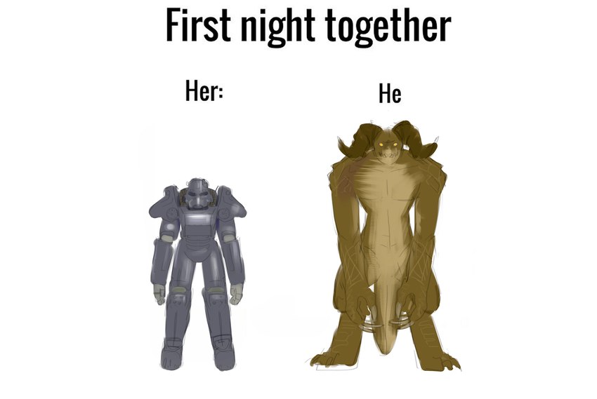 anthro armor biped clothed clothing female horn larger_male love machine macro male power_armor size_difference smile tail teeth text hecreat fallout gigachad microsoft deathclaw human mammal reptile scalie absurd_res english_text hi_res meme andromorph_(lore)