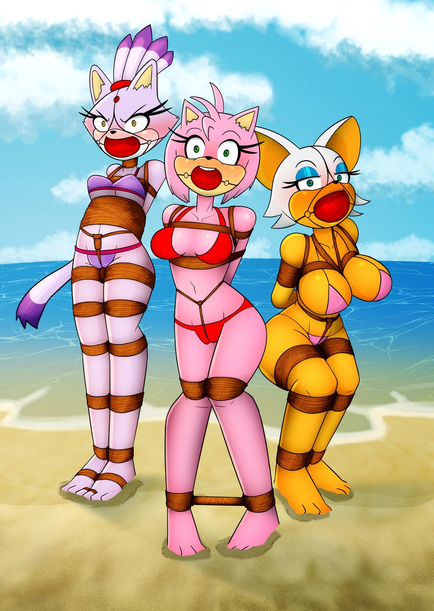 anthro ball_gag bdsm beach big_breasts bikini blue_eyeshadow bound breasts clothing eyeshadow female fur gag green_eyes group makeup medium_breasts pink_body purple_body swimwear tan_body two-piece_swimsuit white_body white_fur zeecibee sega sonic_the_hedgehog_(series) amy_rose blaze_the_cat rouge_the_bat bat domestic_cat eulipotyphlan felid feline felis hedgehog mammal absurd_res hi_res