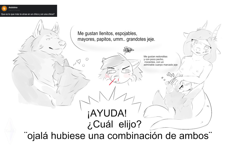 ask_blog asking asking_for_opinion asking_viewer asking_what calling_for_help daddy_kink dialogue exclamation_point female frustration_cloud group heart_above_head heart_pair heart_reaction heart_symbol iconography inner_monologue male message mommy_kink partial_speech_bubble partial_thought_bubble question talking_to_viewer text thinking user_message username kadeki kadeki_(character) canid canine canis domestic_dog husky hybrid mammal nordic_sled_dog spitz wolf black_and_white digital_drawing_(artwork) digital_media_(artwork) hi_res monochrome spanish_text translated