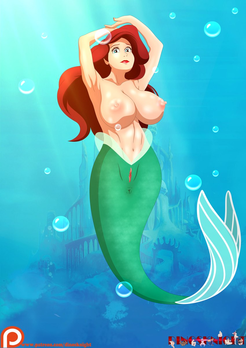 air_bubble alternate_breast_size anus blue_eyes breasts eyebrows eyelashes female fin fingers fish_tail genitals green_tail hair human_torso legless mermaid_tail monster_girl_(genre) nipples nude patreon_logo patreon_username pussy red_hair solo split_form tail tail_fin text dinosknight disney disney_princess patreon the_little_mermaid_(1989) ariel_(disney) mermaid_princess animal_humanoid humanoid humanoid_merfolk marine merfolk absurd_res hi_res url