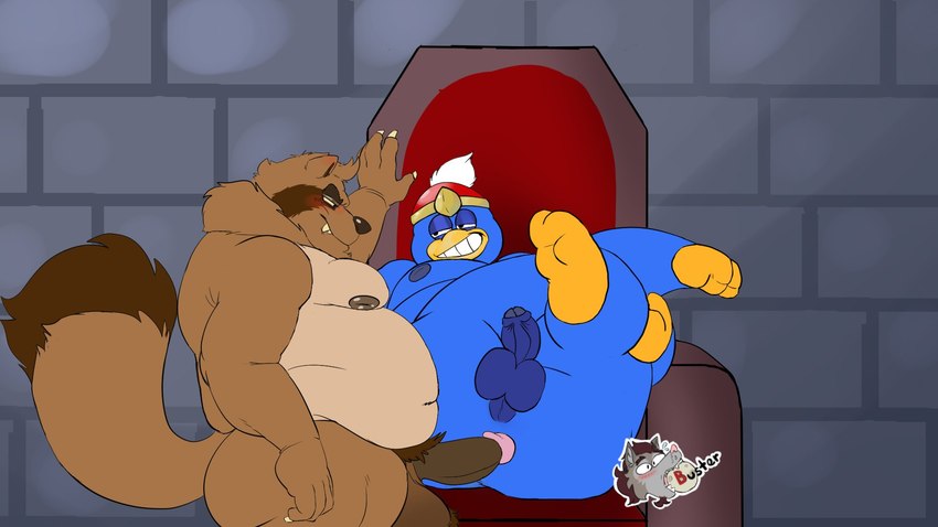 anthro balls belly big_butt blue_body blue_feathers brown_body brown_fur butt chair duo erection feathers fur furniture genitals imminent_orgasm imminent_sex king male male/male nude overweight overweight_anthro overweight_male penis royalty throne coyotebbbusted kirby_(series) nintendo booki_(character) king_dedede canid canine mammal raccoon_dog tanuki 16:9 hi_res widescreen