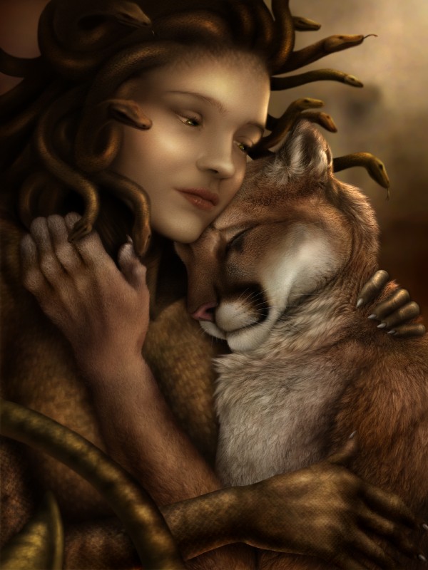 ambiguous_gender anthro duo eyes_closed female hug humanoid_on_anthro living_hair nude pseudo_hair realistic realistic_anthro snake_hair jocarra european_mythology greek_mythology mythology medusa ropes_(character) cougar felid feline gorgon humanoid mammal reptile scalie snake 2013 hi_res